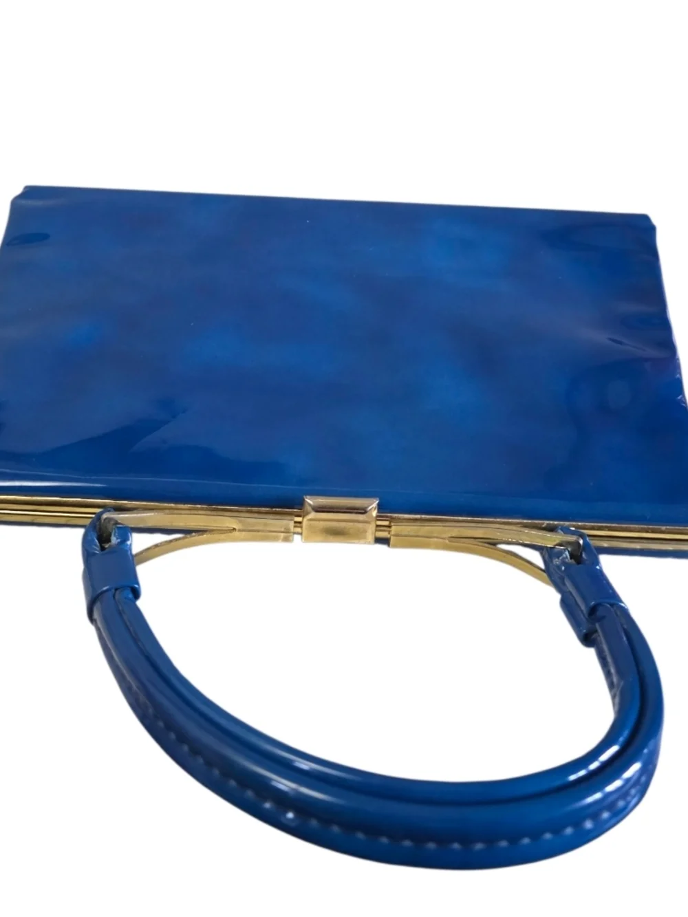Vintage 1960s Dover Royal Blue Patent Leather Satchel Rare Structured Handle Top
